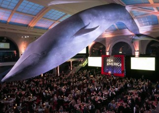 Red AV-Drop Modular backdrop framing step and repeat for Pen America Fundraiser event