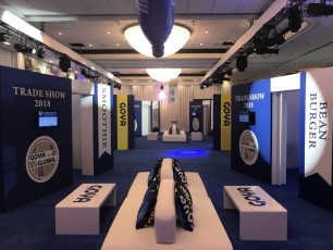 Graphic Print double sided AV-Drop Modular backdrop booths for Goya 2019 trade show with sliding door and monitor mounts