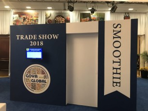 Graphic Print double sided AV-Drop Modular backdrop booths for Goya 2019 trade show with sliding door and monitor mounts